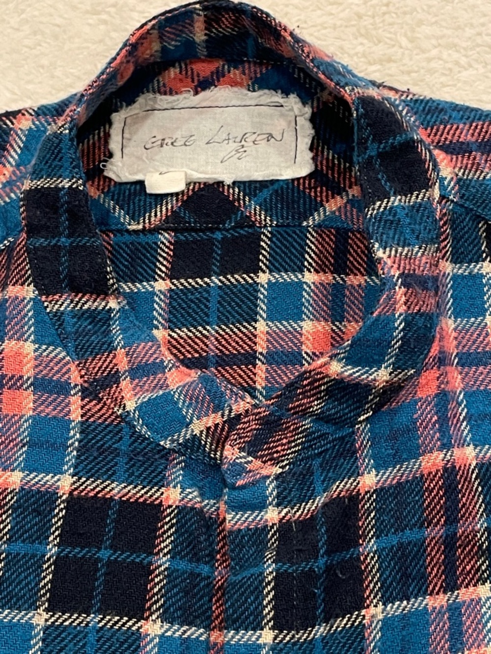 Greg Lauren Size 2 M Studio Shirt Plaid Flannel Band Collar Raw Hem Distressed